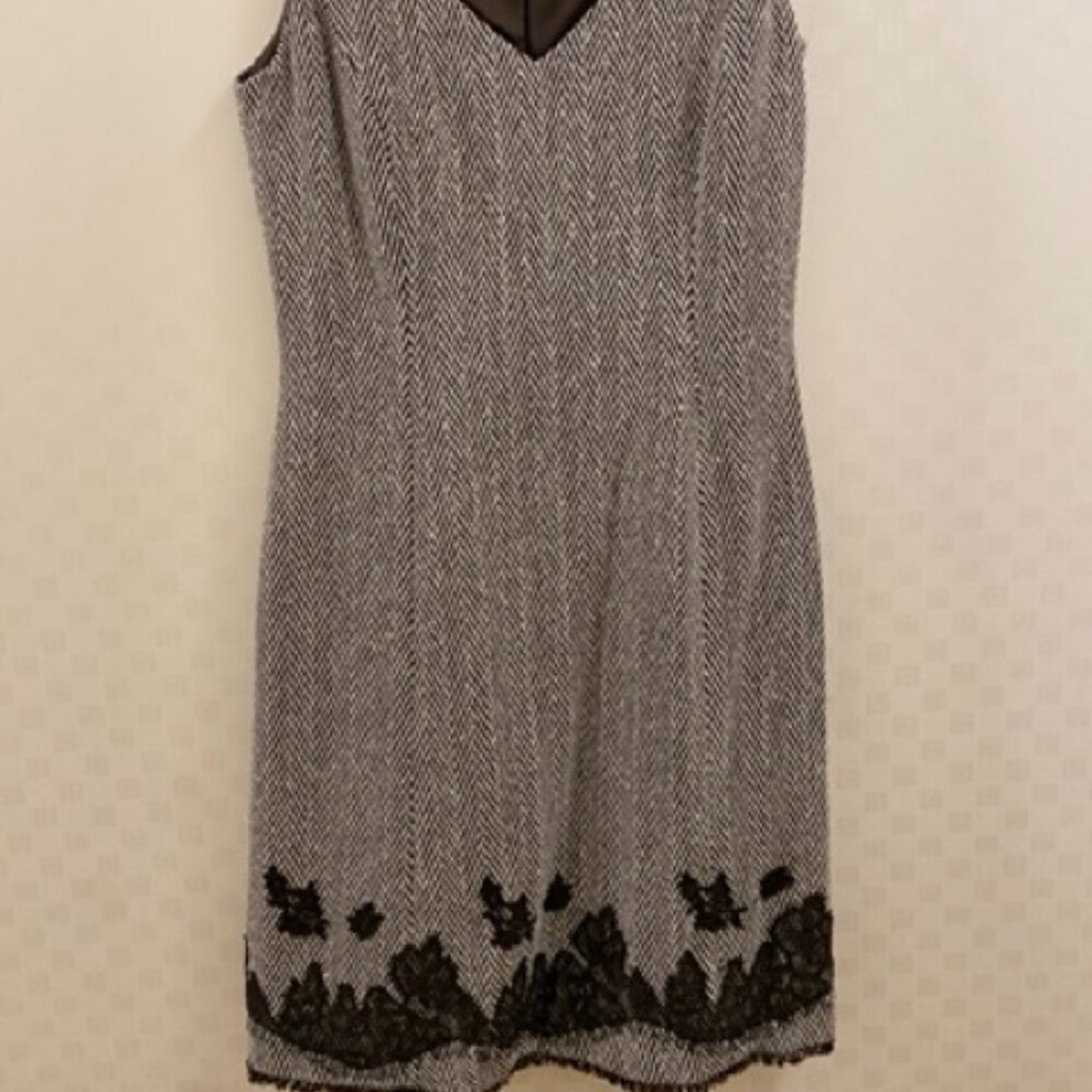 Kay Unger Herringbone Sleeveless Dress with Lace Detail, Short Fringe, Brown, 4
